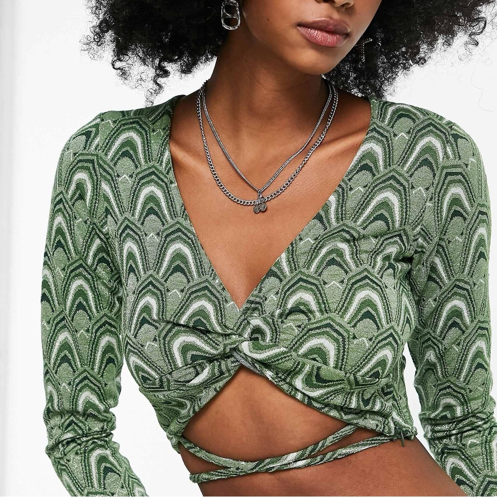 Bershka Green Long Sleeve Crop Top